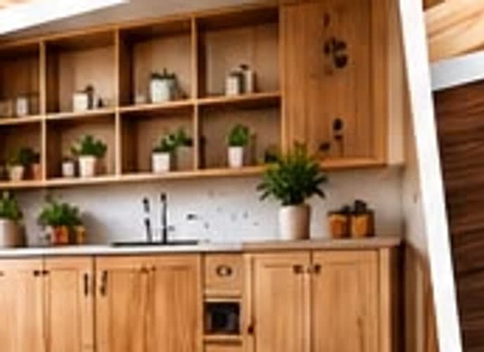 Built-in timber cabinetry and open shelving in a kitchen